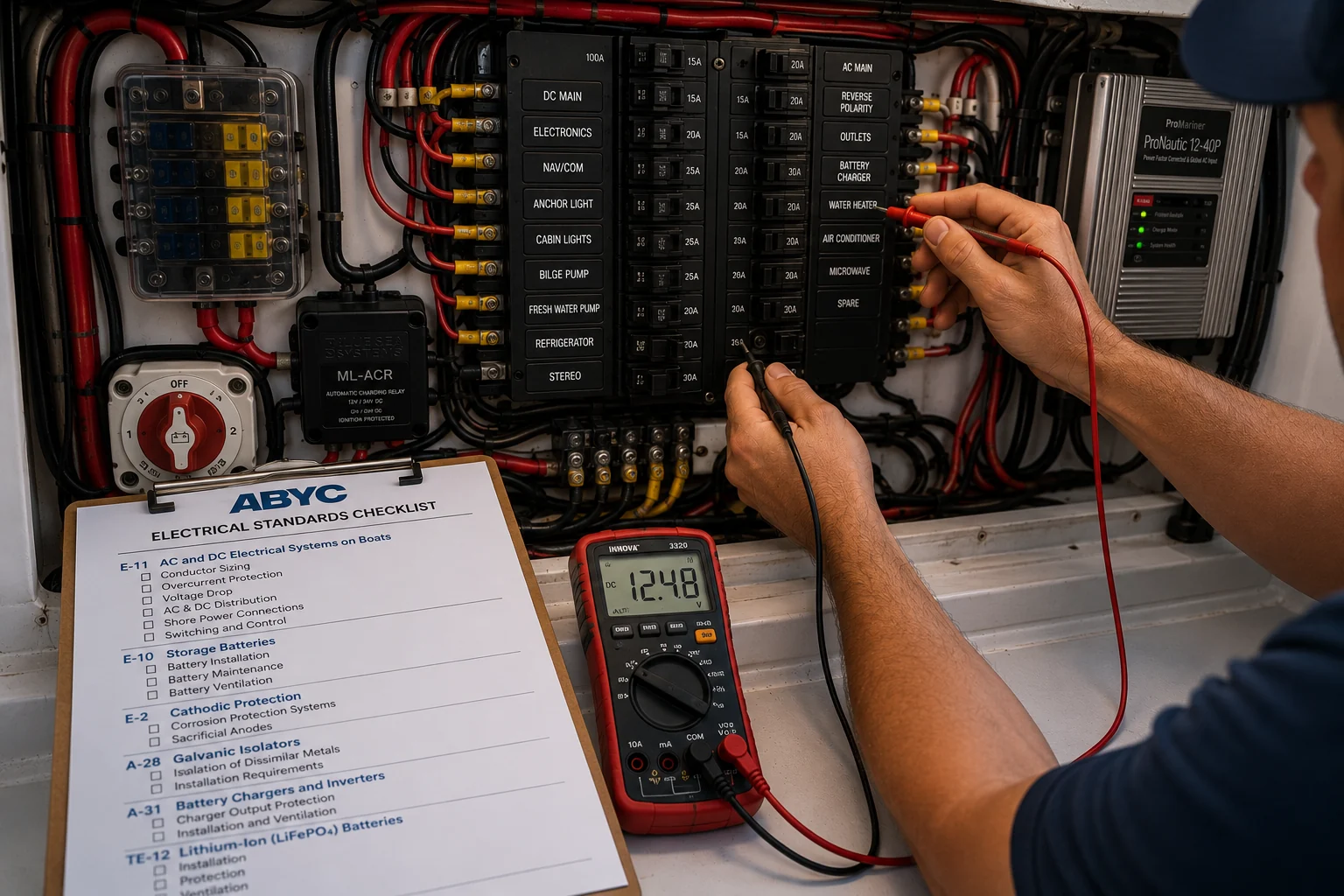 An ABYC Electrical Standards Checklist beside a distribution panel being tested with a multimeter