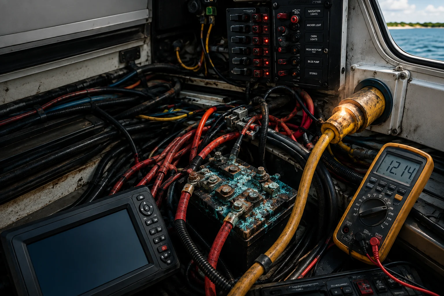 A boat's helm showing a chartplotter, tangled wiring, a corroded battery terminal block, and a shore-power cable, with a multimeter reading the circuit