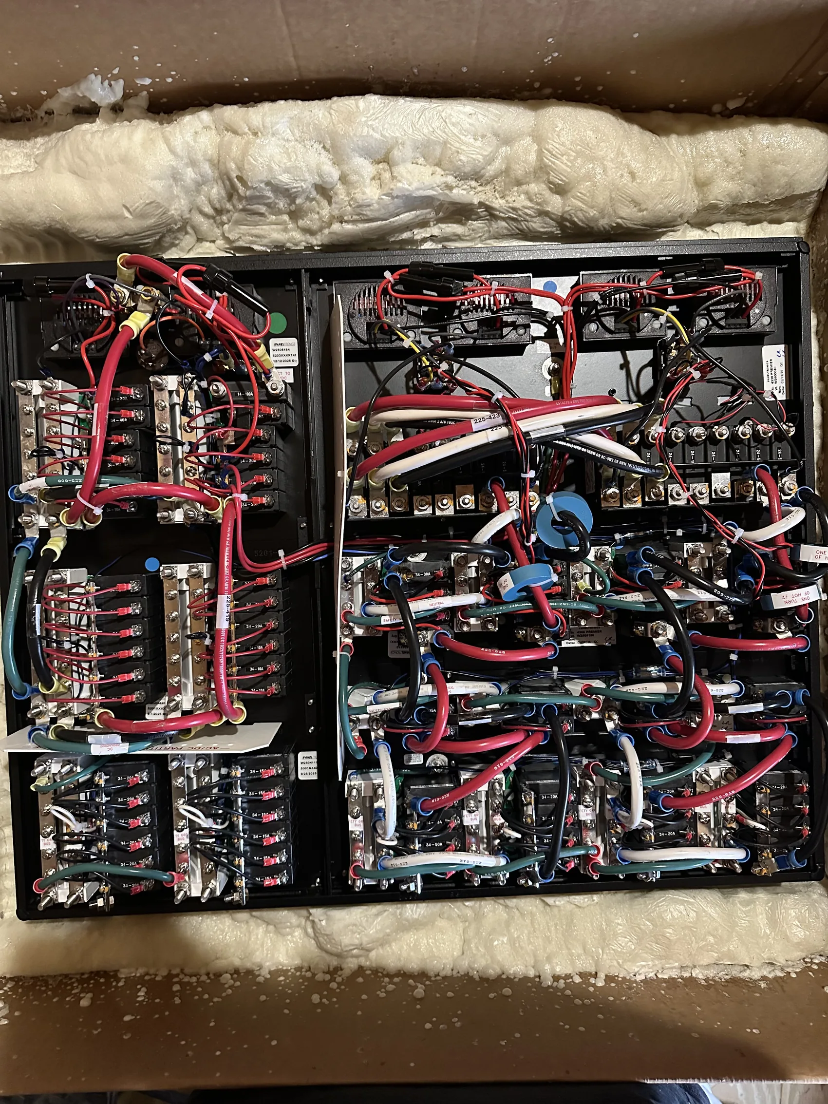 Internal wiring inside a distribution panel enclosure, organized and labeled